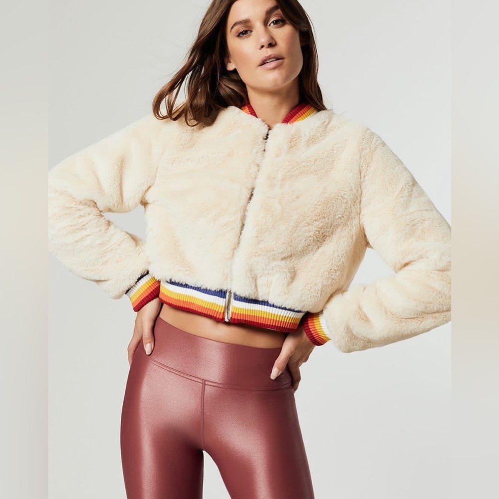 Spiritual Gangster Cream Bomber Jacket with Rainbow Trim